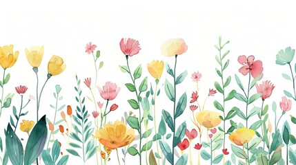 This image features a variety of colorful flowers, including yellow, pink, and orange blooms, interspersed with green leaves, set against ample white space for contrast.