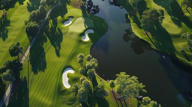 This image showcases an expansive aerial view of a beautiful golf course featuring several lakes and numerous trees, with the greens and fairways bathed in sunlight. - Powered by Adobe
