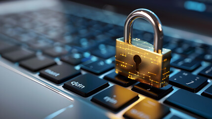 a golden padlock placed on the keyboard of a laptop, symbolizing cybersecurity and the protection of digital data