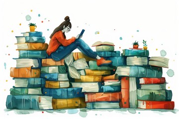 Woman Reading on a Stack of Books