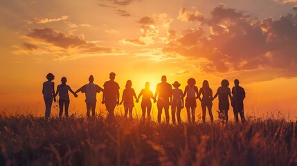 Silhouettes of People Holding Hands at Sunset