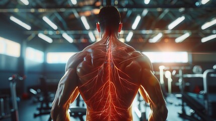 A striking back highlighting veins and muscles illuminated dramatically, embodying intense physical training and meticulous anatomical study in gym surroundings.
