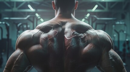 A highly detailed and defined muscular back captured in a gym setting, showcasing the impressive physique and dedication to fitness and bodybuilding.