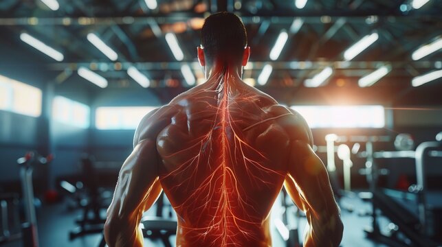 A striking back highlighting veins and muscles illuminated dramatically, embodying intense physical training and meticulous anatomical study in gym surroundings.