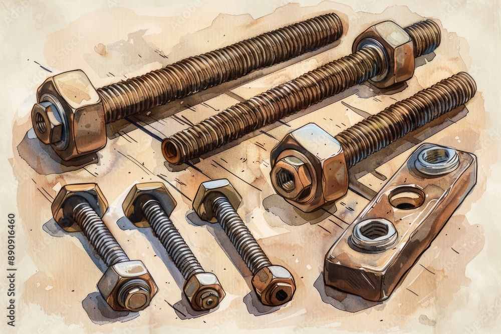 Poster a collection of bolts and nuts on a flat surface, suitable for diy projects or workshops