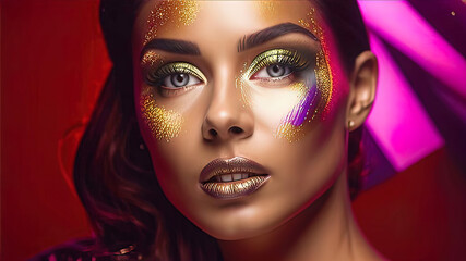 Fashion model girl with golden makeup, beautiful makeup on the eyes and lips of a female model, fashion and beauty industry	
