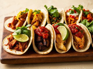 Tacos with a variety of fillings, topped with cilantro, lime, and salsa.