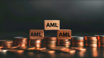 wooden blocks with the letters "AML" and stacks of coins placed on top, representing the concept of Anti-Money Laundering
