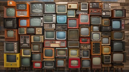 A wall of colorful vintage retro televisions in an antique store © Mechastock