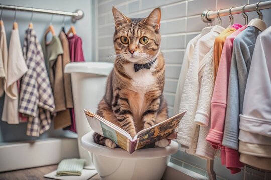 Adorable cat sitting on toilet, intently browsing phone, surrounded by fashion magazines and accessories, exhibiting curiosity and comedic relief in a humorous scene.