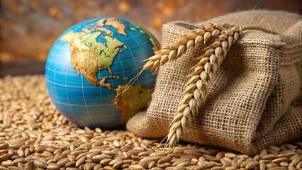 Globe with wheat grains and burlap sack symbolizing global food supply