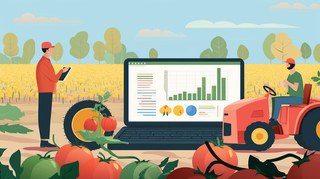 Smart farming concepts of arable land, tractors, laptops and illustrations of modern farmers