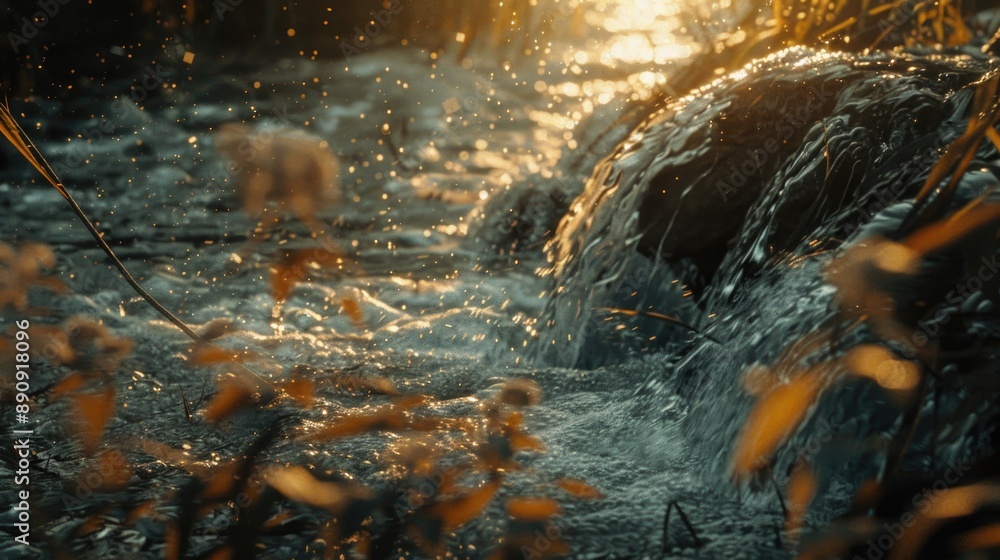 Poster a serene scene with a stream running through a lush green forest, ideal for nature-inspired themes
