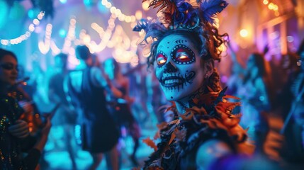 A woman with intricate skull makeup dances at a vibrant, brightly lit party.