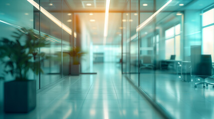 Blurry Perspective of a Corporate Office Interior with Glass Walls, Bright Lighting, and Spacious Corridor