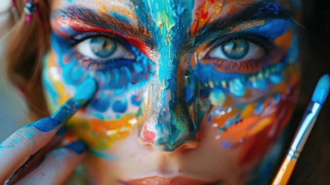 A woman with green eyes and colorful paint on her face, holding a paintbrush.