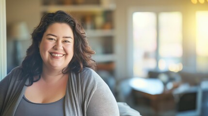 Portrait of a smiling happy fat woman in her home