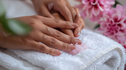 a close-up of a person receiving a manicure