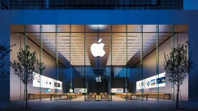 the exterior of an Apple store, with its distinctive white logo illuminated against a sleek, glass facade Representing the Iconic Brand's Influence and Innovation in Technology and Consumer Electronic