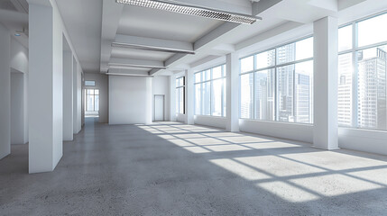 Obraz premium Empty Business Room with Large Windows, White Walls, and Modern Lighting for a Professional Setting