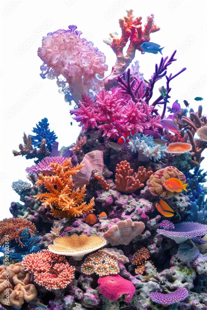 Poster a vibrant aquarium featuring a diverse array of colorful corals and fish, perfect for decorating a o