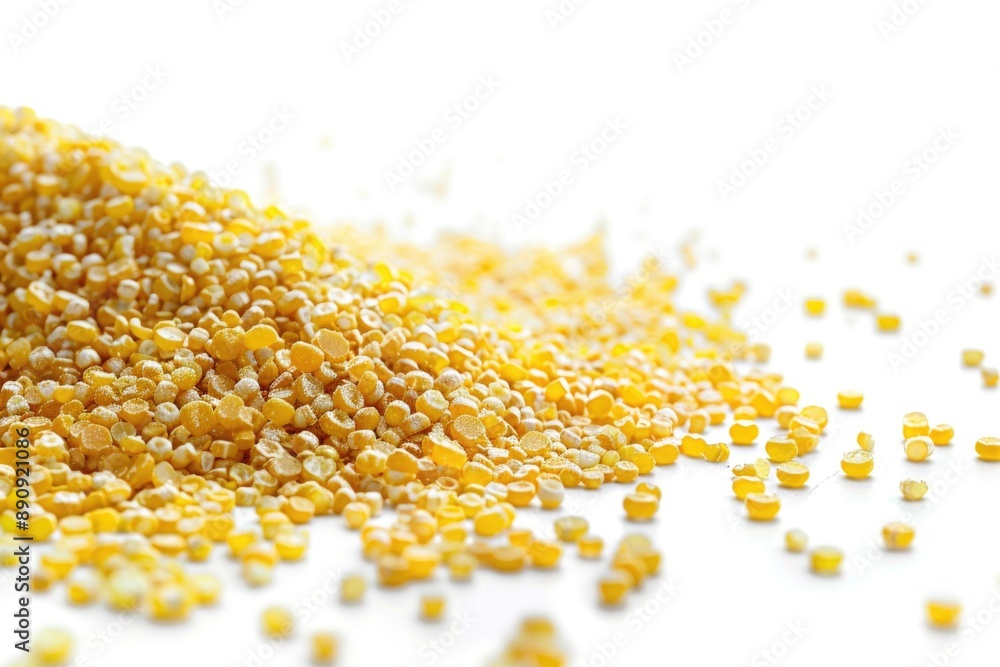 Poster a close-up view of a pile of corn grains arranged neatly on a white background