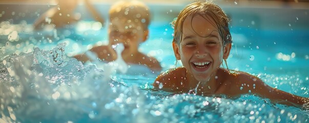 Happy kids splashing and laughing in a pool on a sunny day.