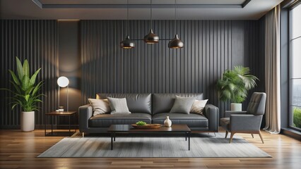 Modern black living room with stylish sofa , contemporary, elegant, minimalist, interior design, comfortable, relaxation, chic