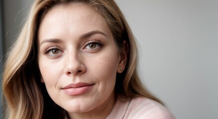 Naklejka premium A woman with fair skin and light brown hair that falls in loose waves past her shoulders. Her expression is calm and slightly smiling, with full lips painted in a natural, light pink shade.