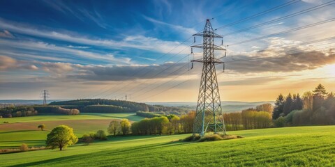 German electricity mast standing in a peaceful natural setting , electricity, mast, Germany, nature, energy