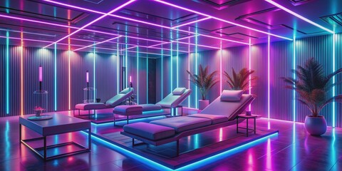 A futuristic therapy session room bathes in soft glowing neon lights, illuminated by a dramatic spotlight, evoking a sense of emotional intensity and amplified feelings.