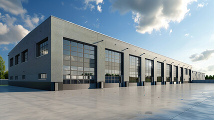 Naklejka premium New Commercial Factory Exterior Featuring Large Garage Doors and Spacious Parking Area