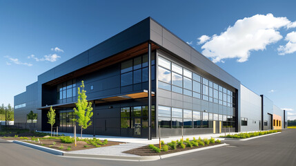 Obraz premium New Factory Exterior Featuring Contemporary Architecture, Construction Details, and Spacious Storage