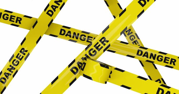 Yellow warning tape with Danger text, rolling across the screen from different directions then shattering. Alpha mask. 3d render.