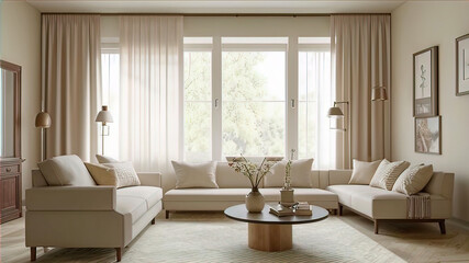 modern villa living room with antique decor and furniture, neutral sofa and jute rug, interior photography. Modern interior,	
