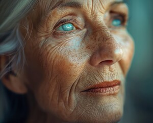 Obraz premium Elegant Senior Woman with Graceful Wrinkles, Eyes of Wisdom, Exuding Geriatric Charm, Mature Beauty, Timeless Elegance, Portrait of Age, Silver Hair, Blue Eyes, Wrinkles, Skin, Face, Female, Older