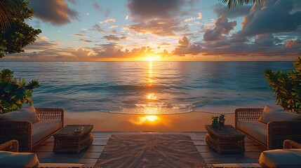 Serene retirement party invitation depicting an open area beach with sunset views and comfortable seating with a writing space on the left side for heartfelt retirement wishes and celebration details