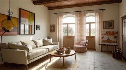 modern villa living room with antique decor and furniture, neutral sofa and jute rug, interior photography. Modern interior,	
