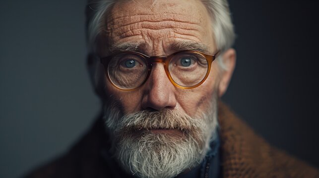 Modern Senior Man Portrait Stylish Glasses, Grey Hair, and a Confident Expression, A Symbol of Age and Experience, Embracing Life with Energy and Enthusiasm