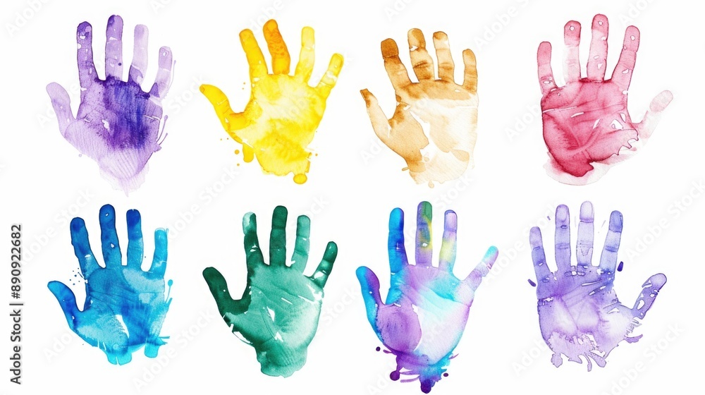 Poster A set of colorful hand prints on different textured and patterned backgrounds, great for illustration or design projects