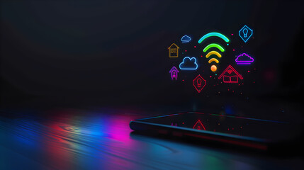 a smart home controlled via a smartphone, with glowing WiFi and home icons