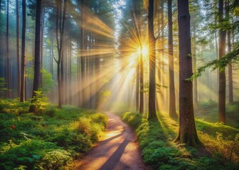Obraz premium Vibrant sunlight breaks through a misty forest, symbolizing newfound hope and serenity, as a winding path unwinds, representing a journey of healing and self-discovery.