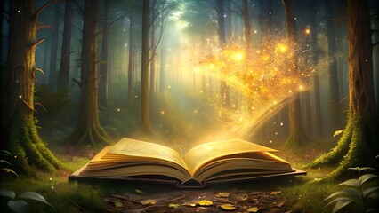 Magical open book glowing with fantasy light in a dark enchanted forest.