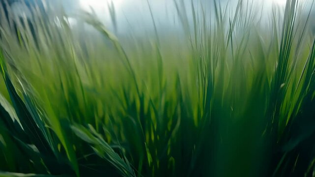 Low-angle tracking shot glides across stadium grass. Camera transitions from close-up to wide angle, revealing intricate blade textures. 