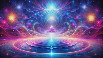 Obraz premium Vibrant, swirly patterns of pink, blue, and purple hues surround a serene, glowing aura, evoking a sense of peaceful, mystical meditation in an otherworldly space.