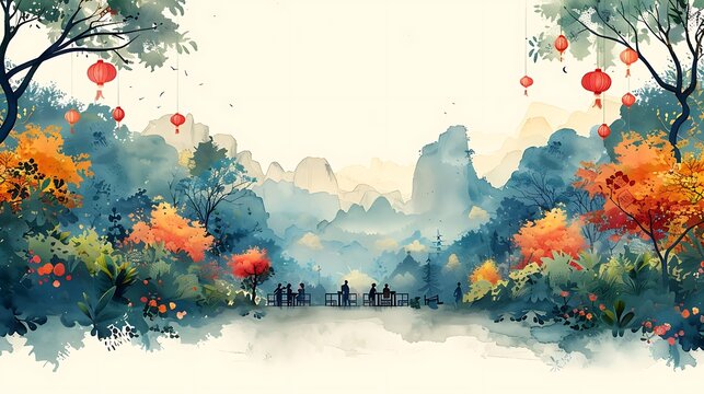 Retirement party invitation featuring open area writing space center scene depicts serene garden party friend family gathered celebrate retiree's career writing space includes retirementthemed icon