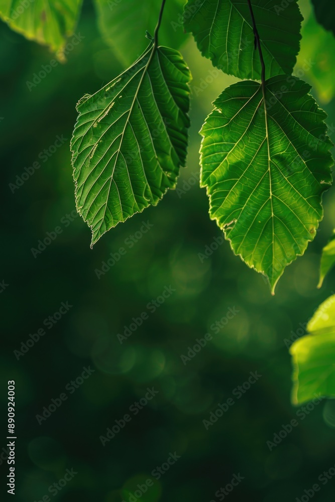 Poster a close-up photo of some leaves on a tree branch