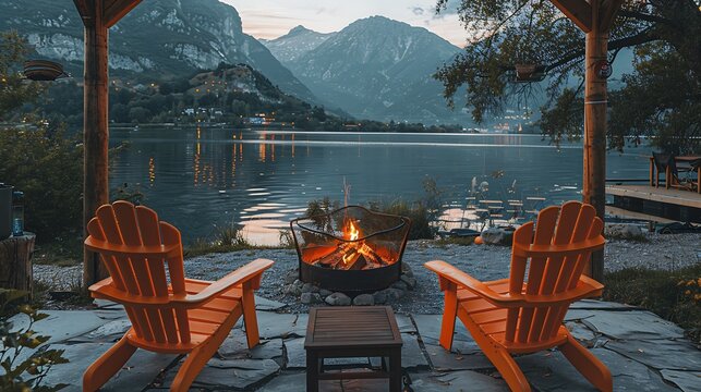 Retirement party invitation set in an open area by a serene lake with cozy seating and bonfire with a writing space in the center for heartfelt retirement wishes and celebration details