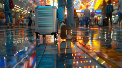 Traveler Walking with Suitcase in Vibrant Airport, Person Heading to Departure Gate, Reflective Terminal Floor Illuminated by Colorful Lights, Journey and Adventure Await, Modern Travel Experience