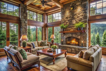 Fototapeta premium Cozy mountain retreat with rustic stone fireplace surrounds a plush seating area amidst lush greenery and wooden accents, evoking warmth and serenity.
